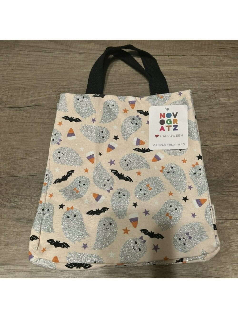 Novogratz Halloween Canvas Treat Bag Glittery Ghosts Bats & Candy Corn Pattern